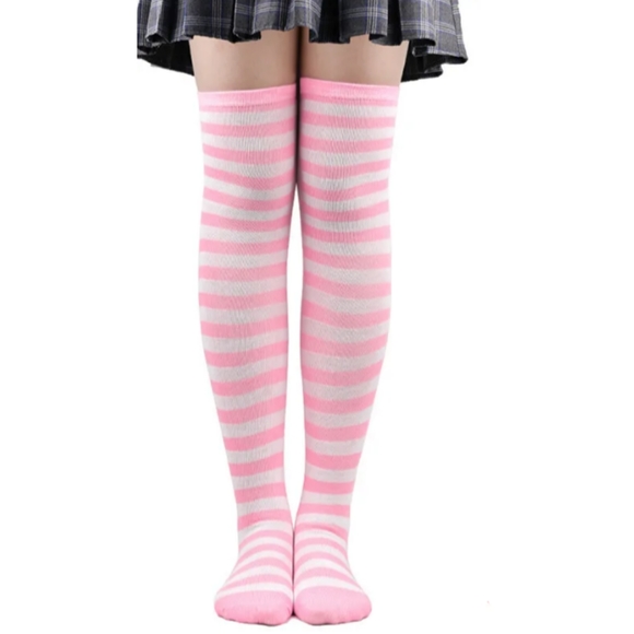 Pink White Striped Over The Knee Socks OTK Thigh High Tights Barbiecore New - Picture 5 of 12